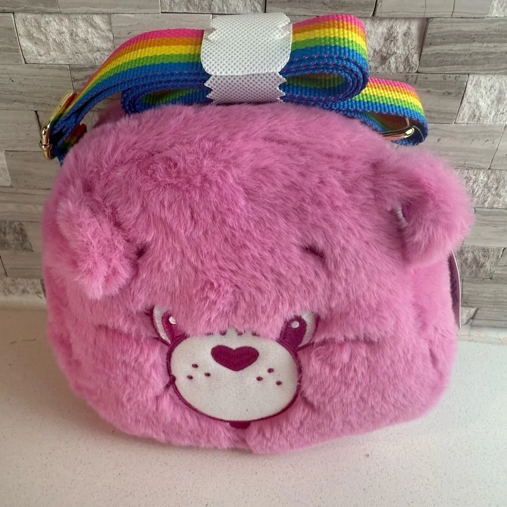 NEW Care Bear‎ Pink Plush Crossbody Bag With Rainbow Strap